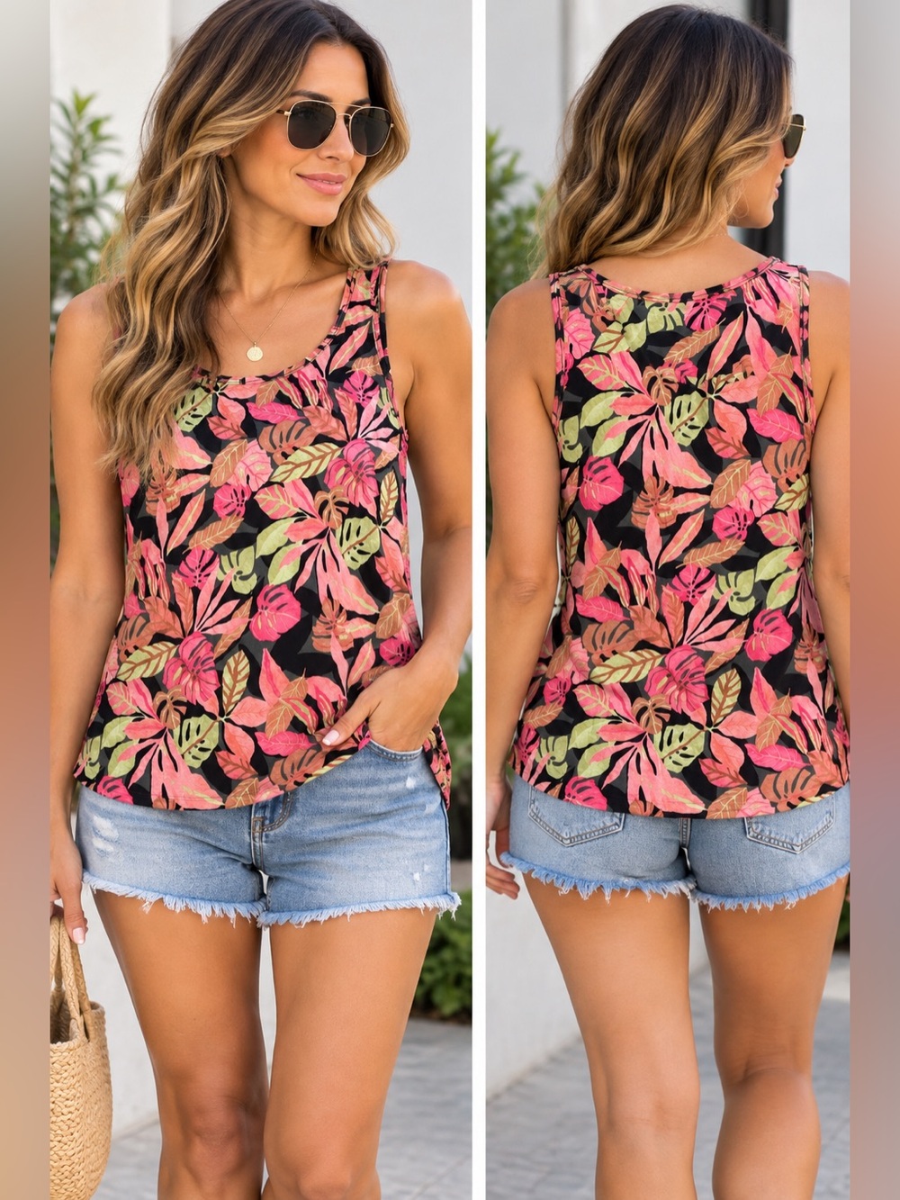 Chico's Black Tropical Leaf Tank Top with Pink & Green Foliage